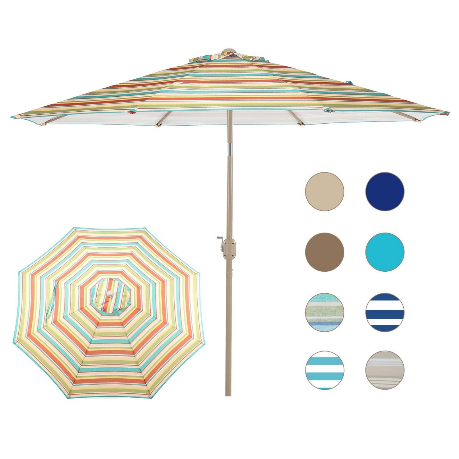 9FT Outdoor Patio Market Umbrella Aluminum Frame with Push Button Tilt Crank and 8 Steel Ribs, UV Protection  Aoodor  Red Green and Blue  